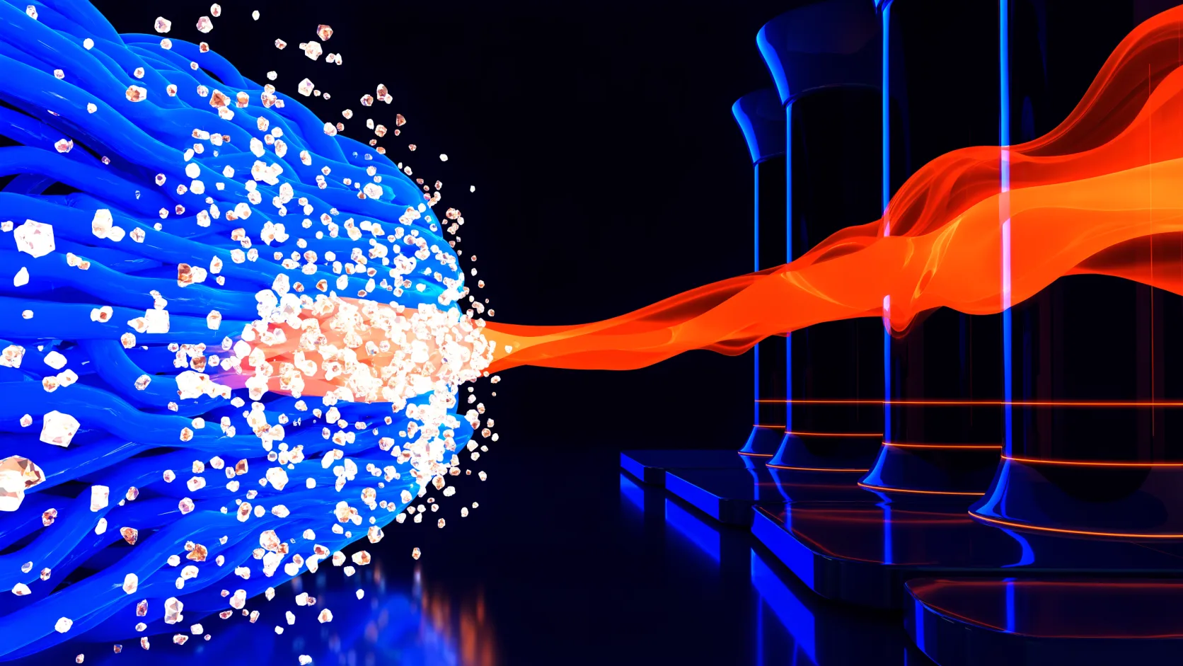 Nube neuronal azul conectada por un puente de luz naranja a una estructura ordenada de paneles