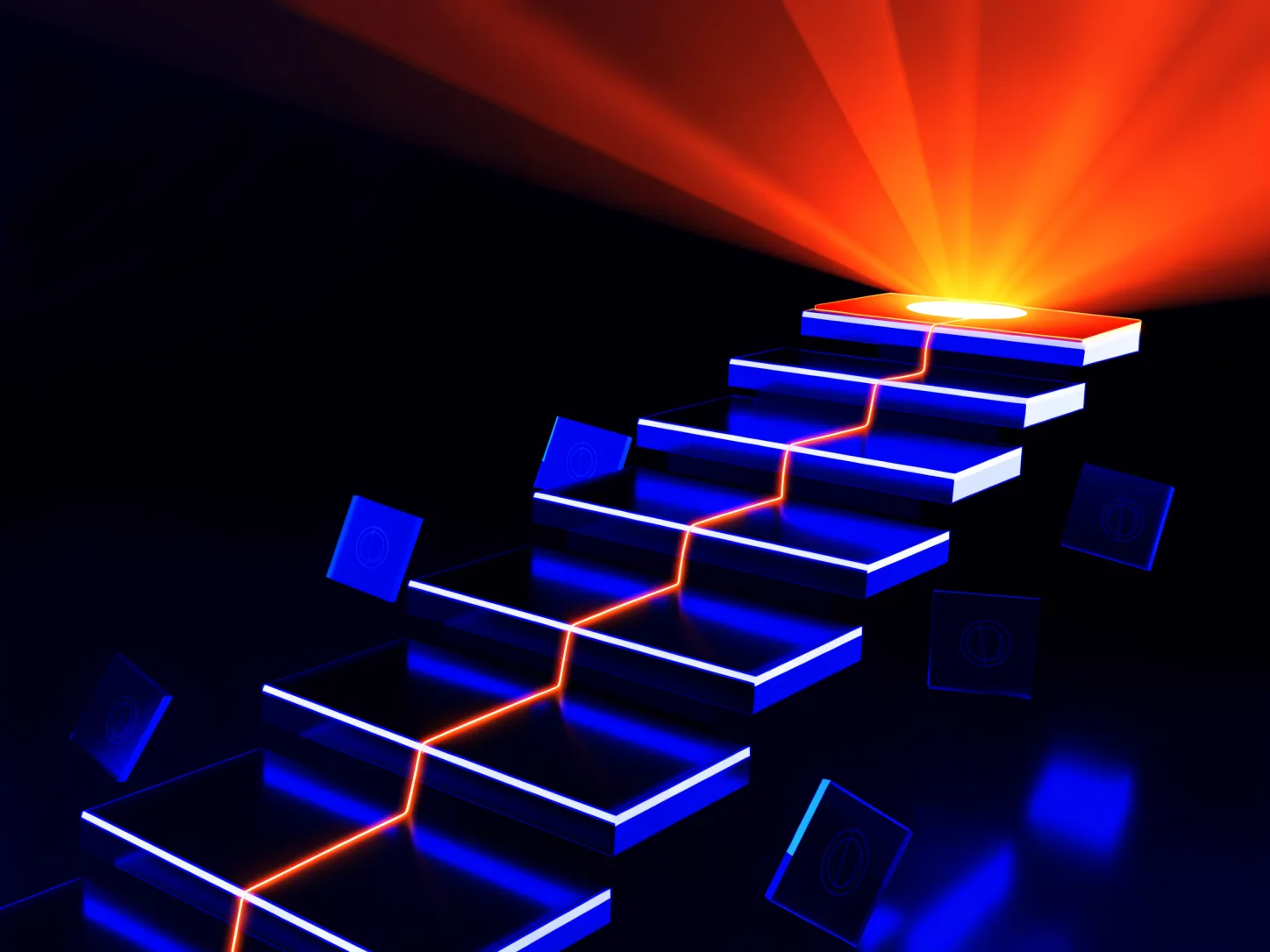 Ruta ascendente de peldaños de vidrio iluminados que culmina en un panel naranja radiante